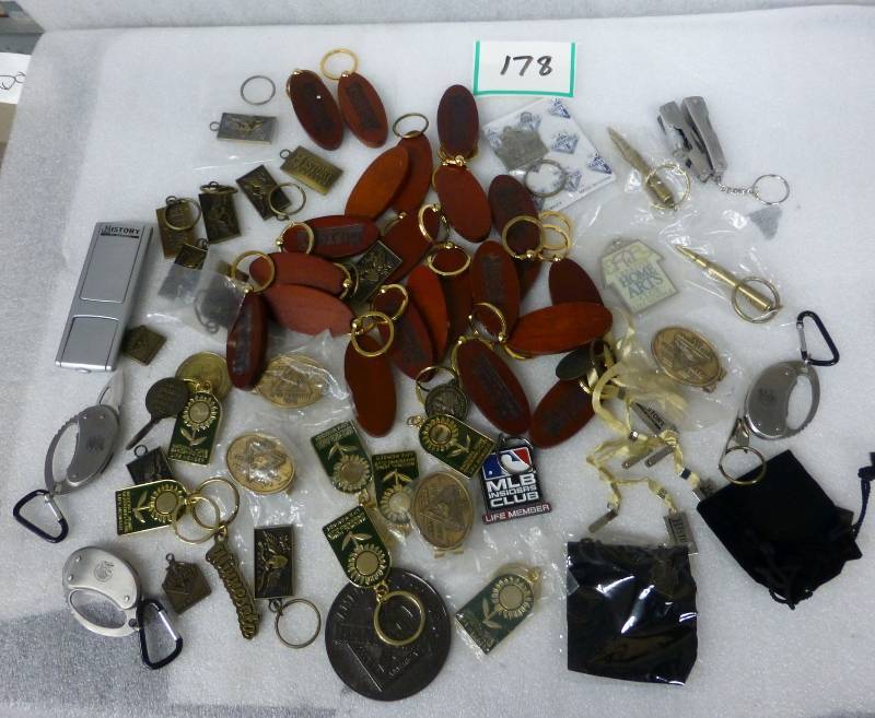 lot of keychains of various kinds, ...