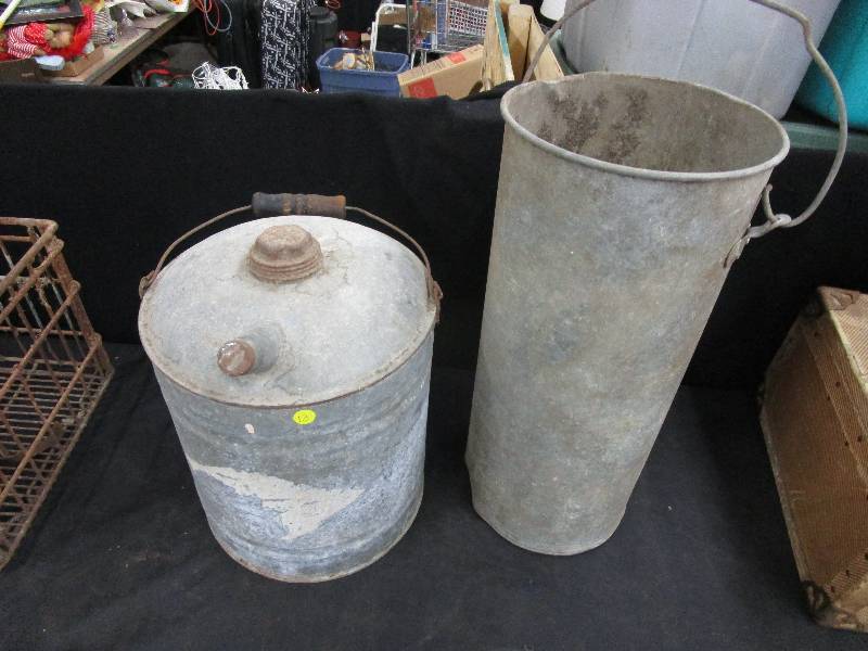 lot 13 image: Shotgun Pail and Old Wood Handled Gas Can