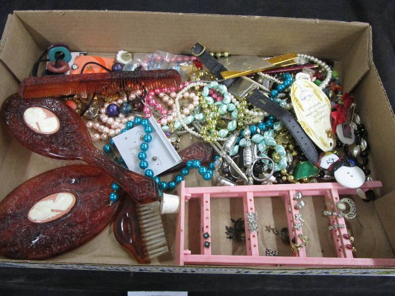 lot 52 image: Box of Costume Jewelry and Dresser swet (Brush, Comb and Mirror and Duster)