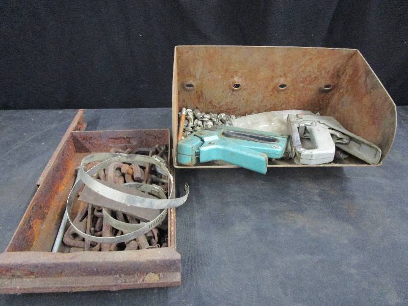 lot 84 image: Metal Grain Leg Cup and Drawer with Allen Wrenches Sheet Metal Screws Staple Guns and