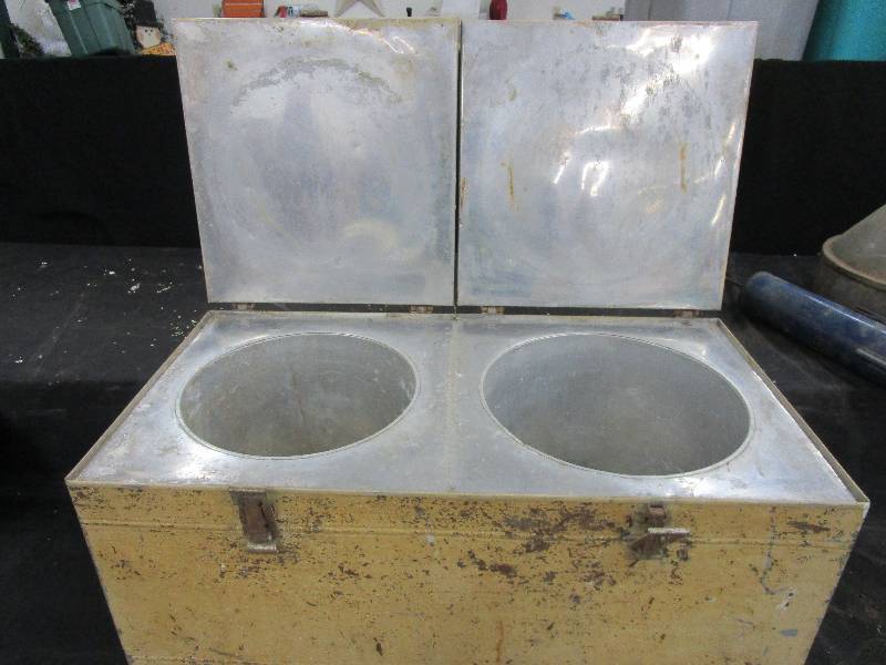 lot 107 image: Insulated Metal Box with 2 Spots for Keeping Things Cold or Hot, Old metal Wheels 26 12 x 13 x 14
