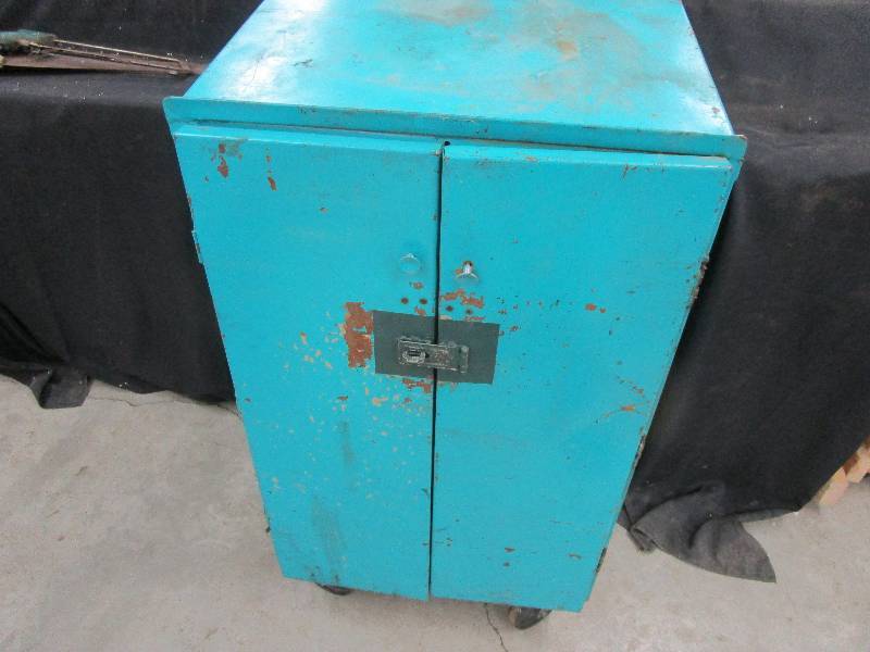 lot 112 image: Rolling Metal Cabinet with large casters