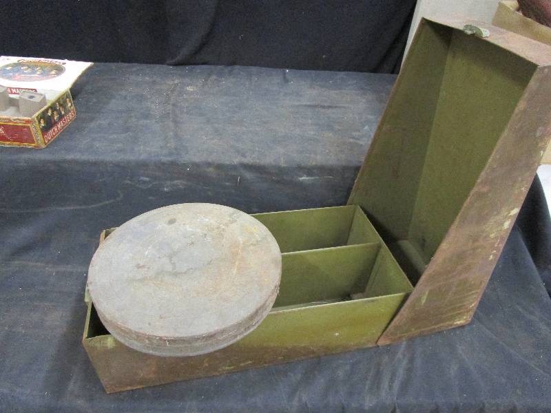 lot 134 image: Metal Box and old Metal Reel Tin
