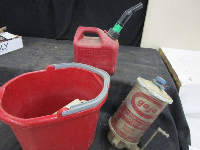lot 142 image: Go-Jo Hand Cleaner Pump, Gas Can and Mop Bucket