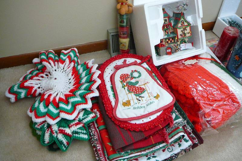 lot 7 image: Christmas Crochet Tree Skirt, Ceramic Elves, Department 56 House, Misc Christmas Decor, Halloween Tree