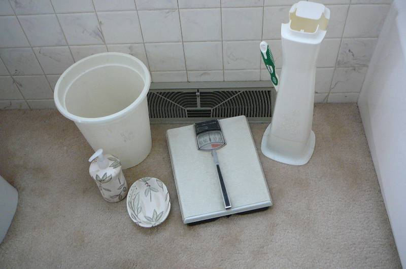 lot 39 image: Bathroom Items Bath Scale, Soap Dispenser, Soap Dish, Garbage Can