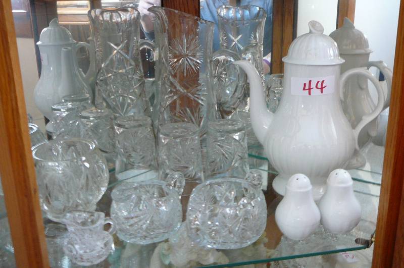 lot 44 image: Cut Glass Pitcher With 3 Glasses, Cut Glass Sugar & Creamer, Ceramic Coffee Server, Salt & Pepper Shaker Set