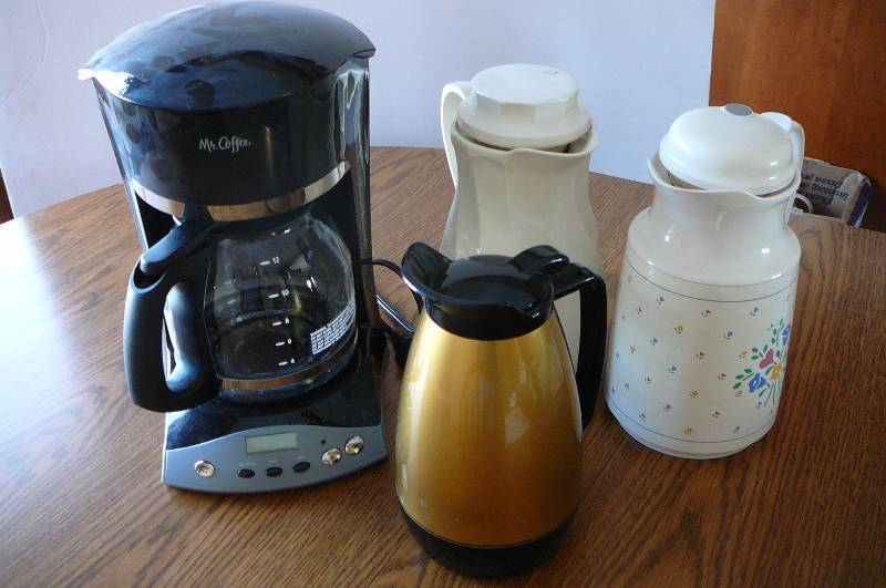 lot 57 image: Mr. Coffee  Maker & 2 Insulated Thermos Coffee Servers, 1 West Bend Coffee Server