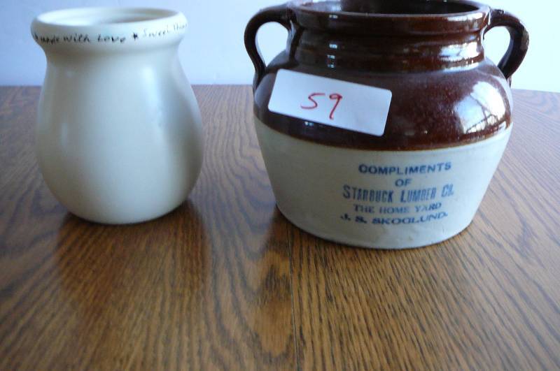 lot 59 image: Crock Bean Pot From Starbuck Lumber Co. & Miscellaneous Pots