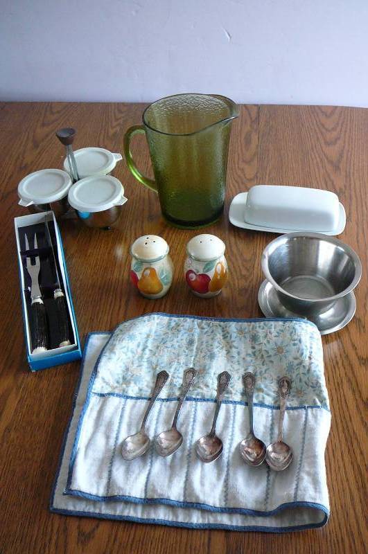 lot 72 image: 6 Silver-Plated Spoons, Salt, Pepper, & Butter Dish Set, Fork & Knife Cutlery Set, Salad Dressing Serving Dishes