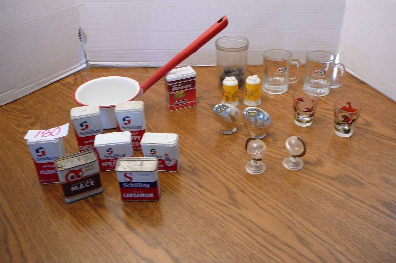 lot 180 image: Vintage Schillings Spice Cans, Vintage Pheasant Shot Glasses, Vintage Salt & Pepper Sets, Original A & W Baby Mugs, Taconite Balls, Vintage Porcelain Water Dipper
