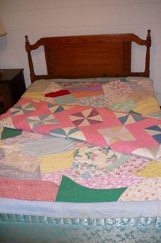 lot 191 image: Full-Size Wood Headboard & Frame, 2 Full-Size Vintage Quilts