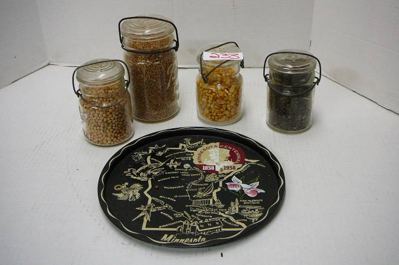 lot 233 image: Vintage Ball Jars With Glass Lid & Wire Closure, Metal Tray