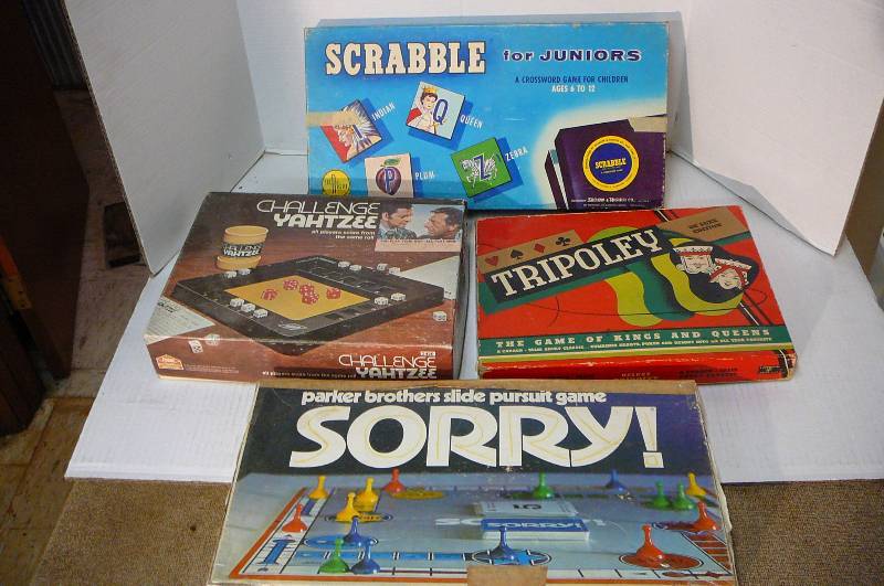 lot 286 image: Vintage Board Games - Sorry, Scrabble Junior, Challenge Yahtzee, Tripoli