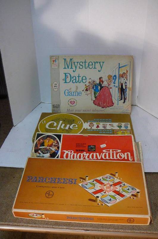 lot 287 image: Vintage Board Games - Parcheesi, Clue, Aggravation, Mystery Date