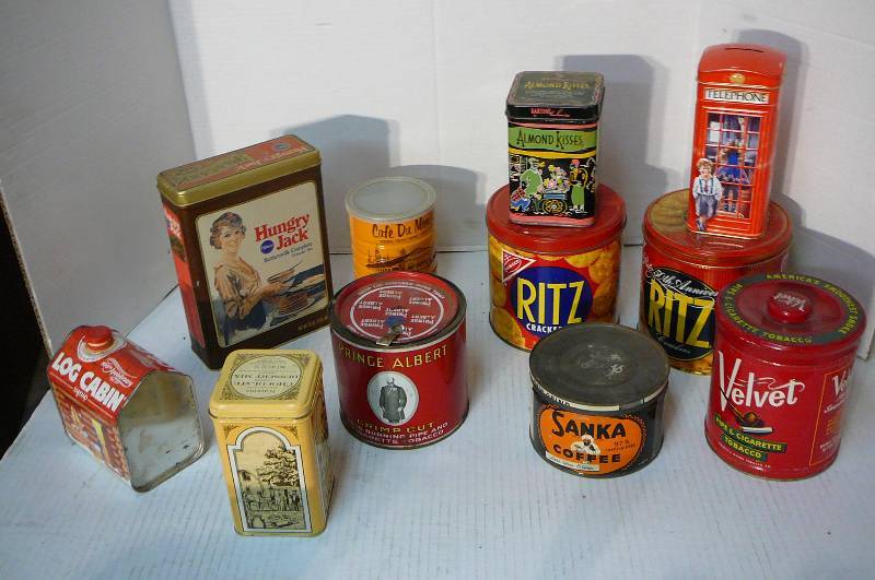 lot 294 image: Vintage Tins- Sanka Coffee, Hungry Jack, Velvet Tobacco, Ritz Crackers, Log Cabin, Prince Albert