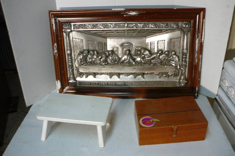 lot 303 image: Tin Last Supper wall picture, wooden stool, wooden box