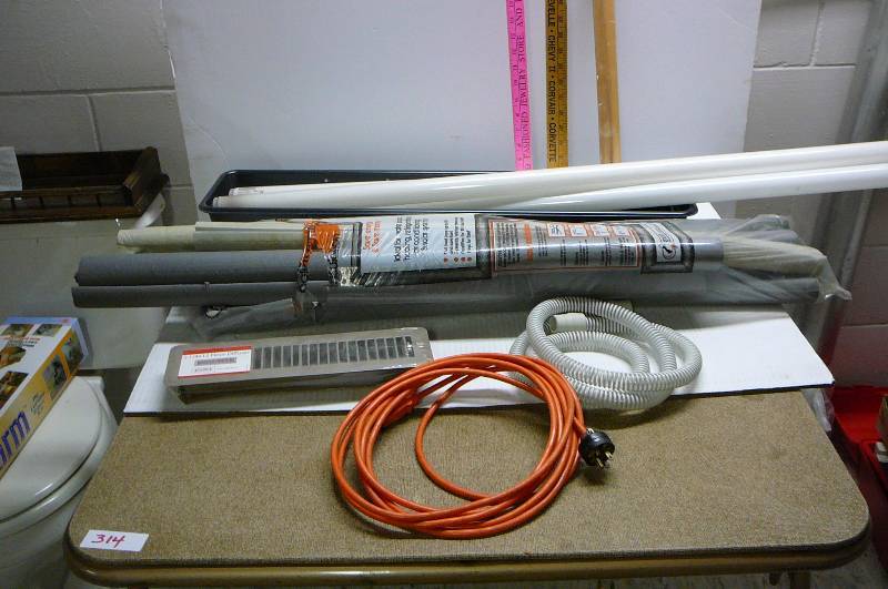 lot 334 image: Pipe Insulation Wrap, New Floor Diffuser, Fluorescent Bulbs, Wood Yard Sticks, Extension Cord