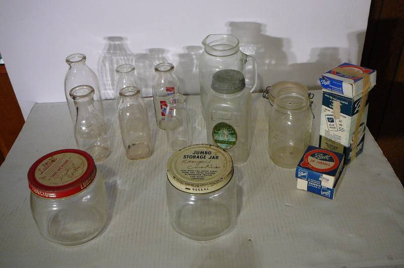 lot 356 image: Vintage Milk Bottles 6, Various Vintage Jars & Ball Lids