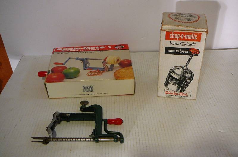 lot 367 image: 2- Apple Peelers, Vintage Chop-O-Matic Food Chopper in Box