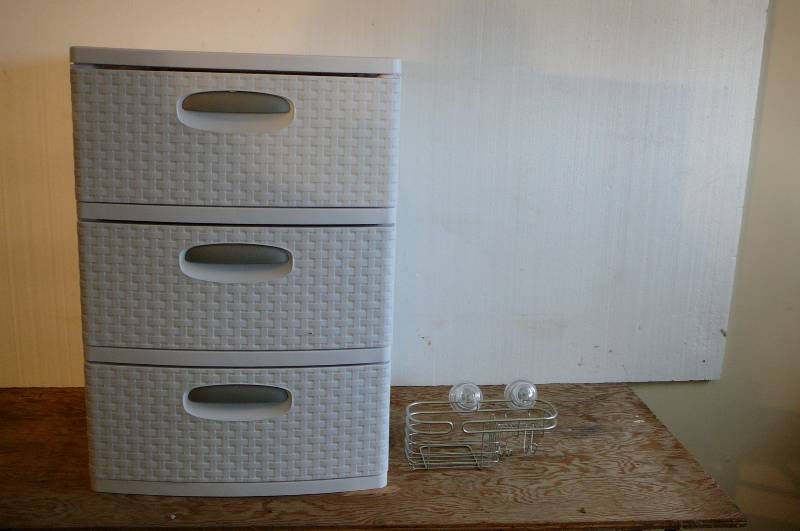 lot 393 image: 3 Drawer Sterile Plastic Cabinet, 20w x 29h NEW, Shower Bottle Holder
