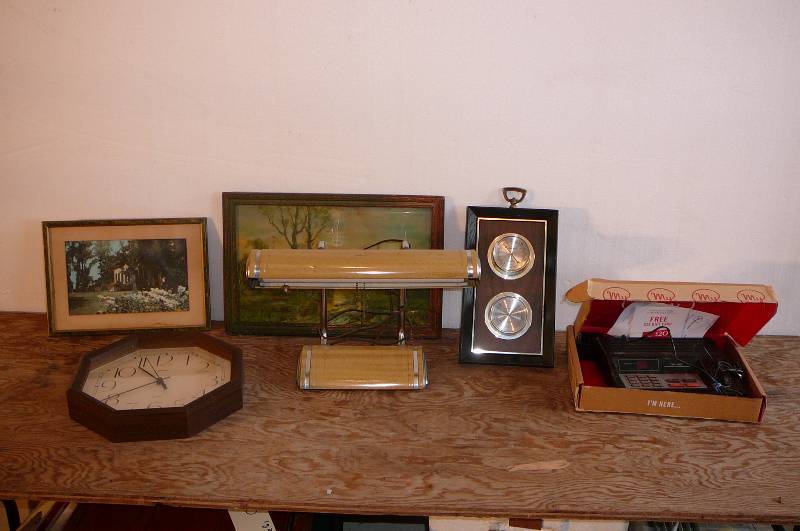 lot 396 image: Vintage Desk Lamp, Clock, Humidity  Temp Gauge, Wall Prints