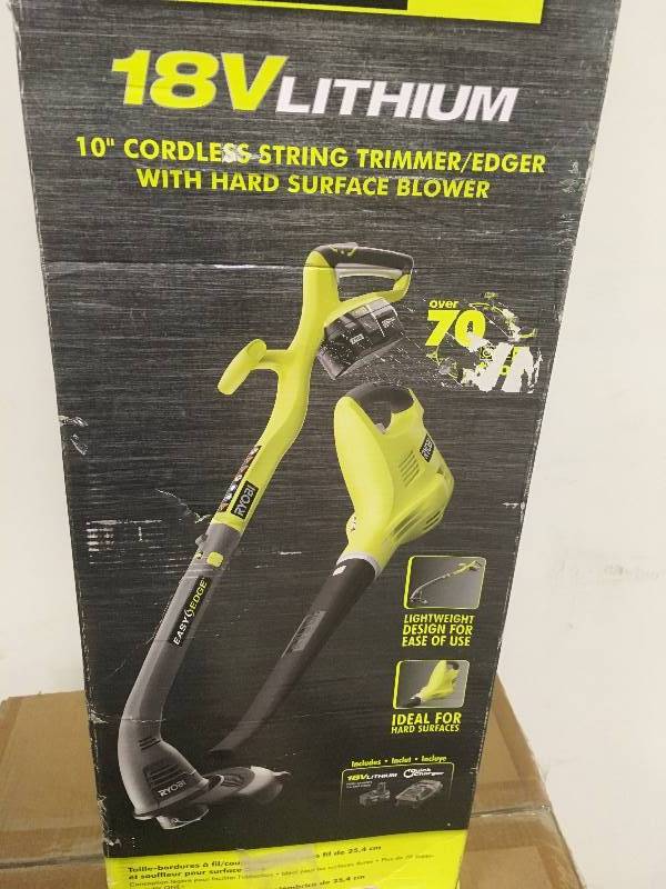 Ryobi One 18- Volt Lithium-Ion 10 Cordless String TrimmerEdger with Hard Surface Blower in like new condition
