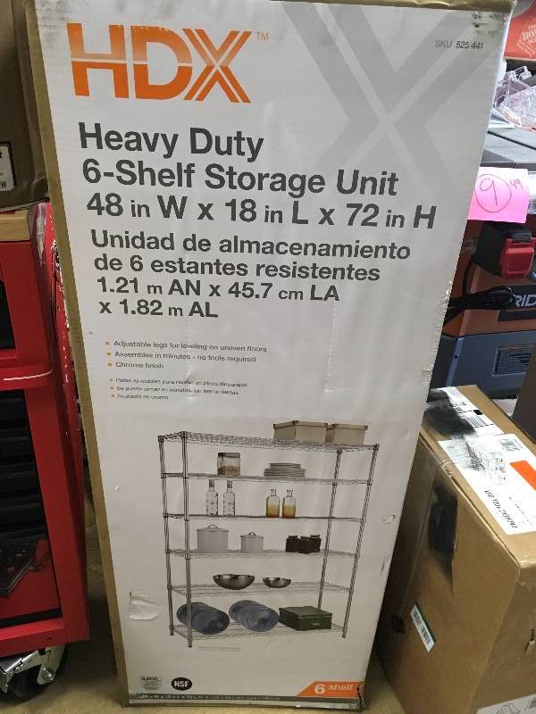 HDX Heavy Duty 6-Shelf Storage Unit 48 inW x 18 in. L x 72 in. H not used