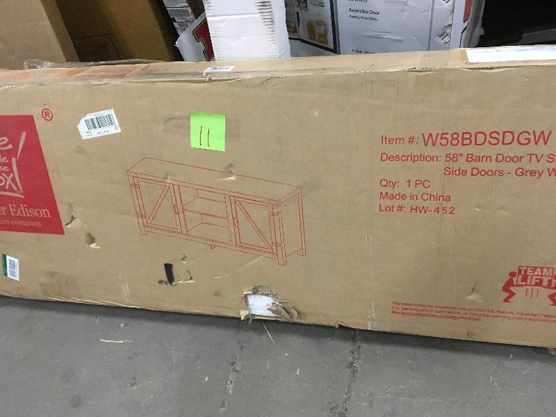 Asstd National Brand 58 Barn Door TV Stand with Side Doors. Finish White Oak Not used
