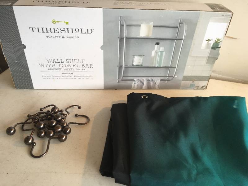 lot 242 image: Towel Bar w Shelf, Shower Curtain & Hooks
