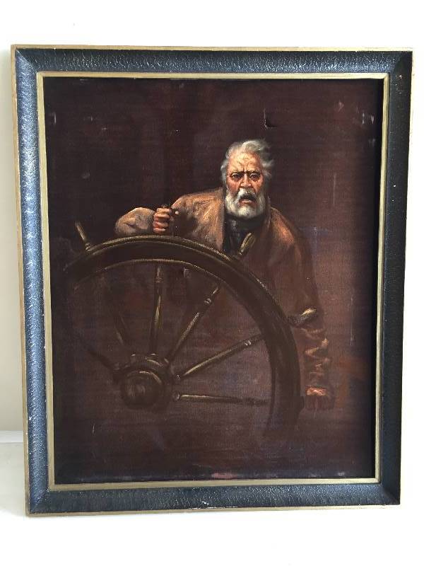 lot 30 image: Framed Velvet Painting - Man at Sea