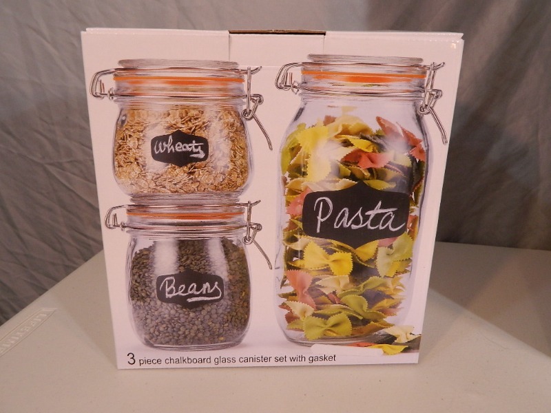 lot 34 image: New 3 Pc Chalkboard Glass Canister Set with Gaskets