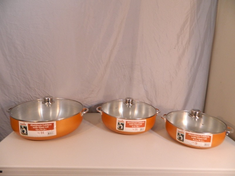 lot 51 image: 3 New Aluminum Caldero Pans with Glass Lids