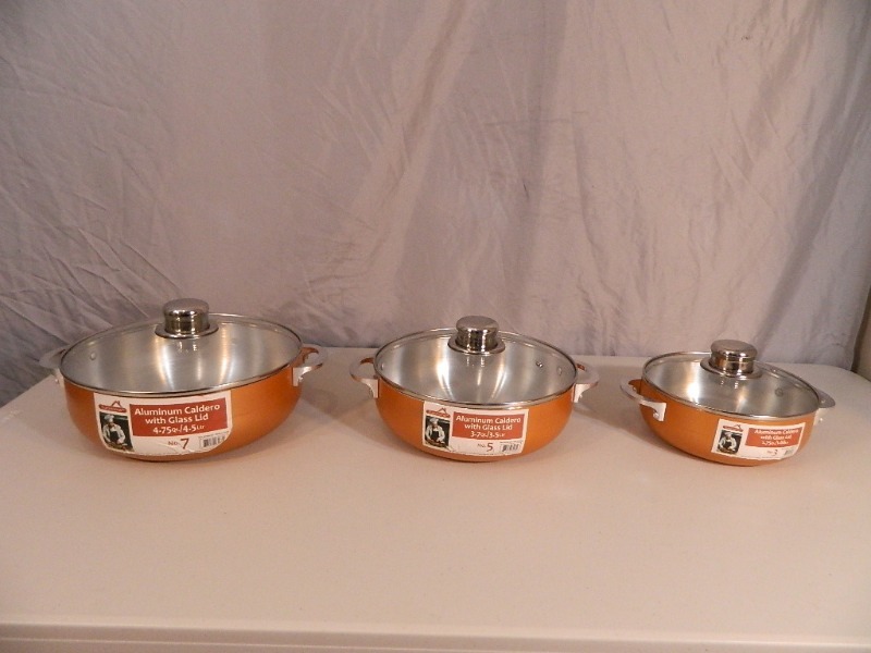 lot 52 image: 3 New Aluminum Caldero Pans with Glass Lids