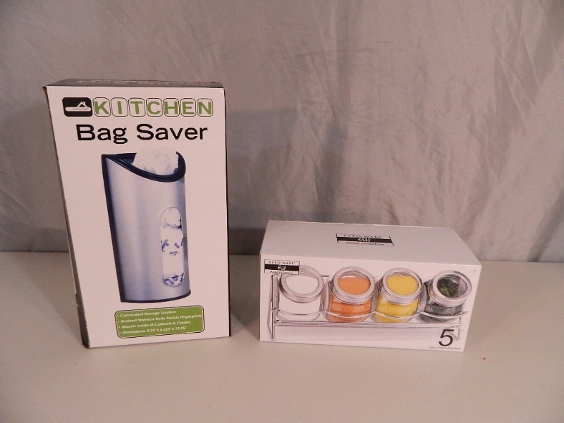 lot 93 image: New Glass 5 Pc Spice Rack and New Bag Saver