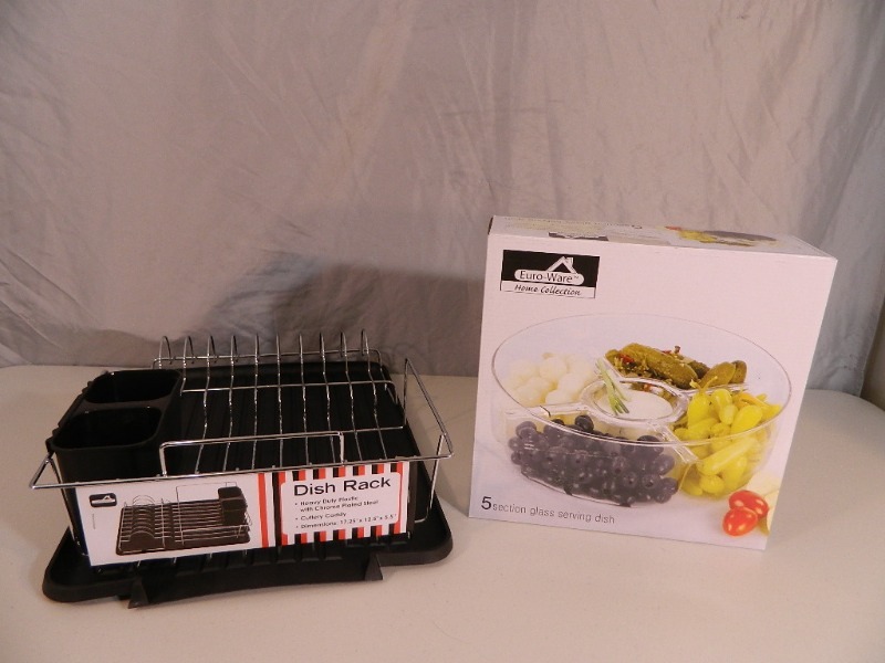 lot 132 image: New Dish Rack and New Glass Serving Dish