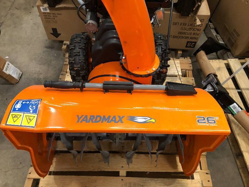 Yardmax 26 in. Two-Stage Electric Start Gas Snow Blower with Headlight never used display model slight dent on top