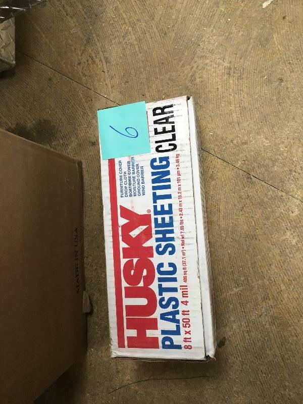 lot 6 image: Husky 8ft.x 50ft. 4 mil. Plastic Sheeting- Clear Open box never used