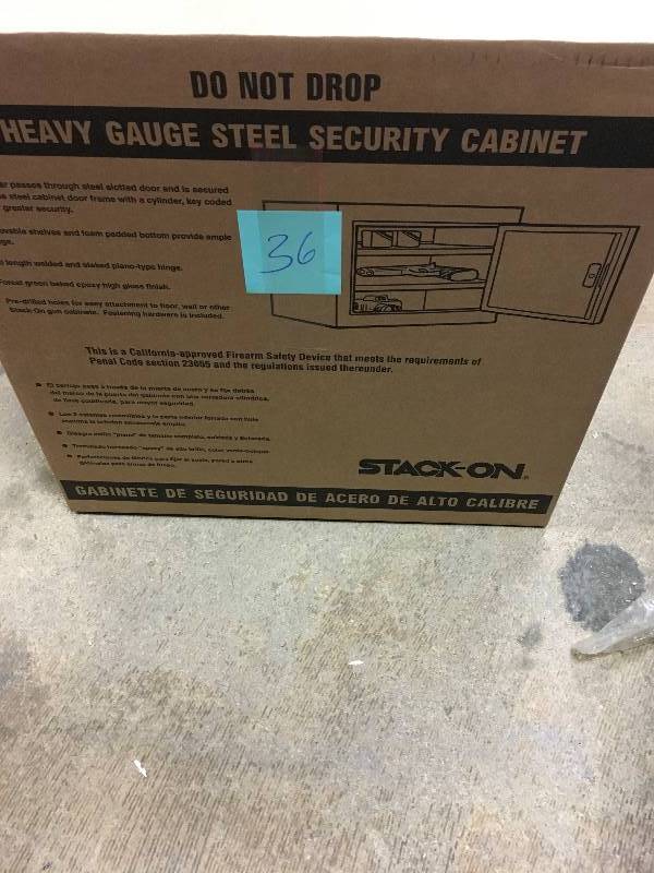 lot 36 image: Stack-On Steel 2-Shelf Pistol  Ammo Cabinet Gun Safe Open box never used