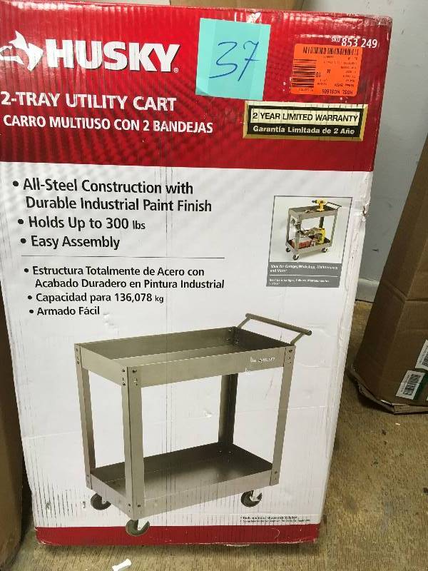lot 37 image: Husky 31 in. Steel Utility Cart ( 2 Tray) Gray Open box never used
