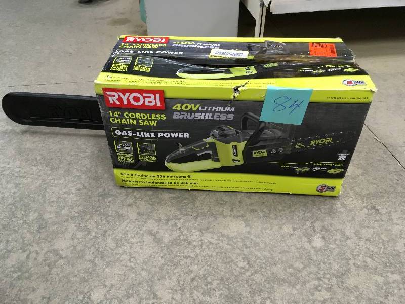lot 84 image: Ryobi 40Volt Lithium-Ion Brushless 14 in. Cordless Chainsaw, Battery and Charger Inculded In working conditions
