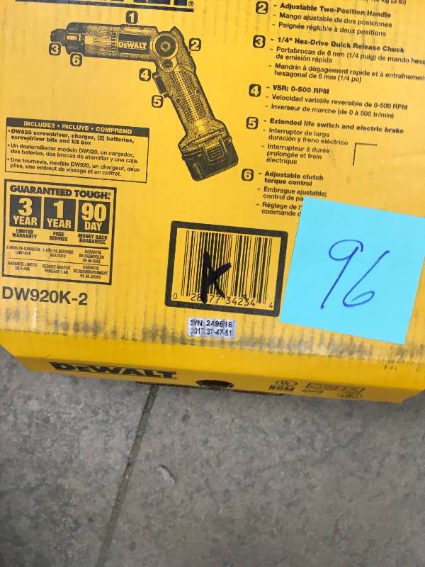 lot 96 image: DeWalt 7.3-2 Volt NiCd Cordless Two-Postion Screwdriver with 2 Batteries and Charger not used In working conditions