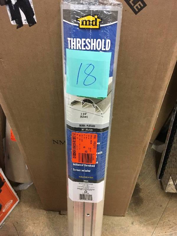 lot 18 image: M-D Building Products 36 in. x 1-18 in. x 3-34 in Vinyl Aluminum Deluxe High Rug Thresthold Not used