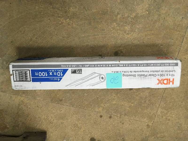 lot 20 image: HDX 10 ft. x 100 ft. Clear 4 Mil Plastic Sheeting Not used