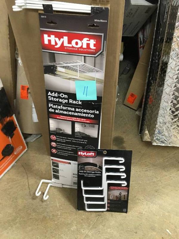 lot 11 image: Hyloft Shelving 32, 4 Steel Add-On Storage Rack  Hyloft Add-On Hooks Steel Card  4 Not used