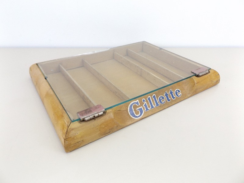 lot 2 image: Antique Gillette Safety Razor WoodGlass Counter Top Display Case