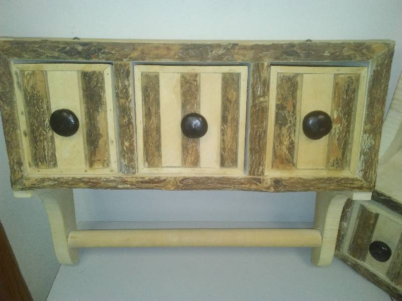 lot 34 image: 2 Rustic Cabinets with towel rods, Natural Wood and Bark
