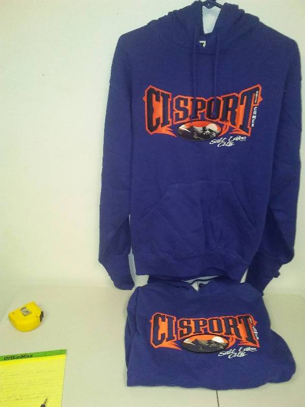 lot 112 image: 2 CI Sports Hoodie Sweatshirt, Adult Small, Salt Lake City 2012 Camex, heavy New without tags, 42 in. chest, 26 in length