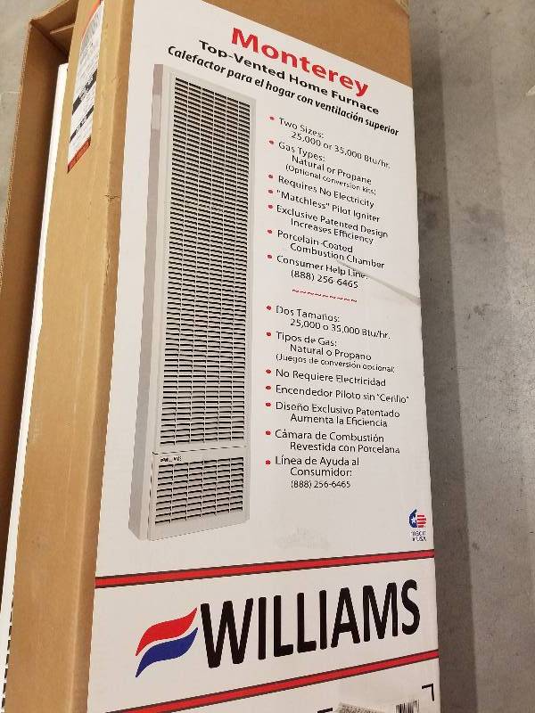 lot 84 image: Williams 25,000 BTUhr Top-Vent Gravity Wall Furnace Natural Gas Heater with Wall or Cabinet-Mounted Thermostat