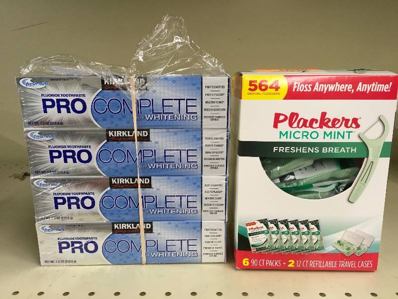 lot 290 image: PLACKERS FLOSSERS, MSRP $9.99 AND KS PROCOMPLETE TOOTHPASTE, MSRP $9.99